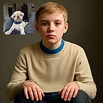 A cute little pug puppy with a blue collar is resting on someone's lap, looking curiously into the camera with big soulful eyes in a cozy indoor setting.