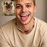 A cheerful dog with big, sparkling eyes and a wide-open mouth showing its pink tongue, sitting on a textured wooden floor, radiating pure happiness and excitement.