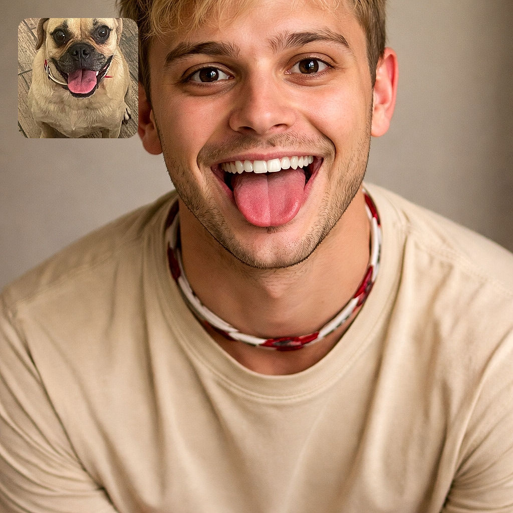 A cheerful dog with big, sparkling eyes and a wide-open mouth showing its pink tongue, sitting on a textured wooden floor, radiating pure happiness and excitement.