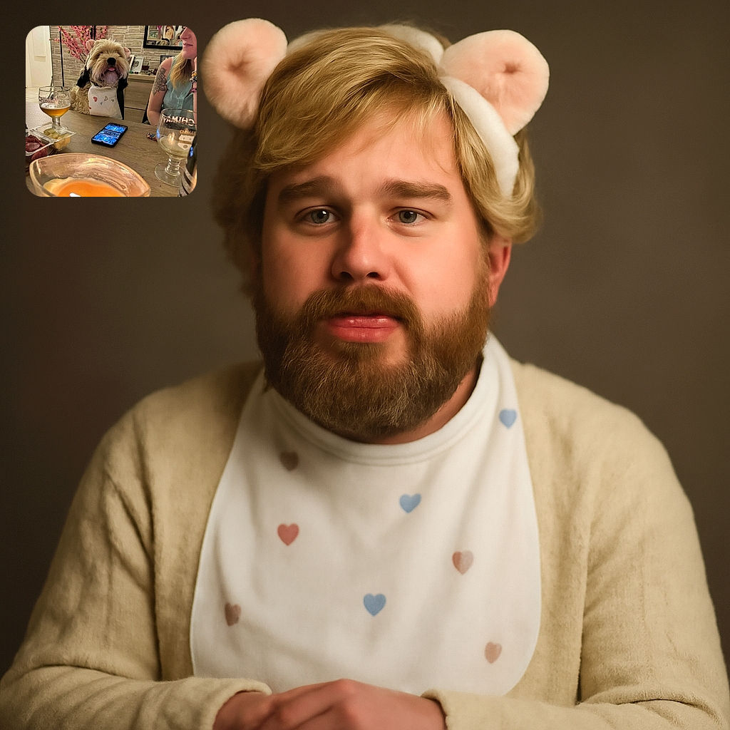 A cozy indoor scene where a fluffy dog wearing a bib and cute ear headband sits at a table with snacks, drinks, and a lit candle in the foreground, while a smiling woman with a tattoo looks on warmly, creating a charming and relaxed atmosphere.