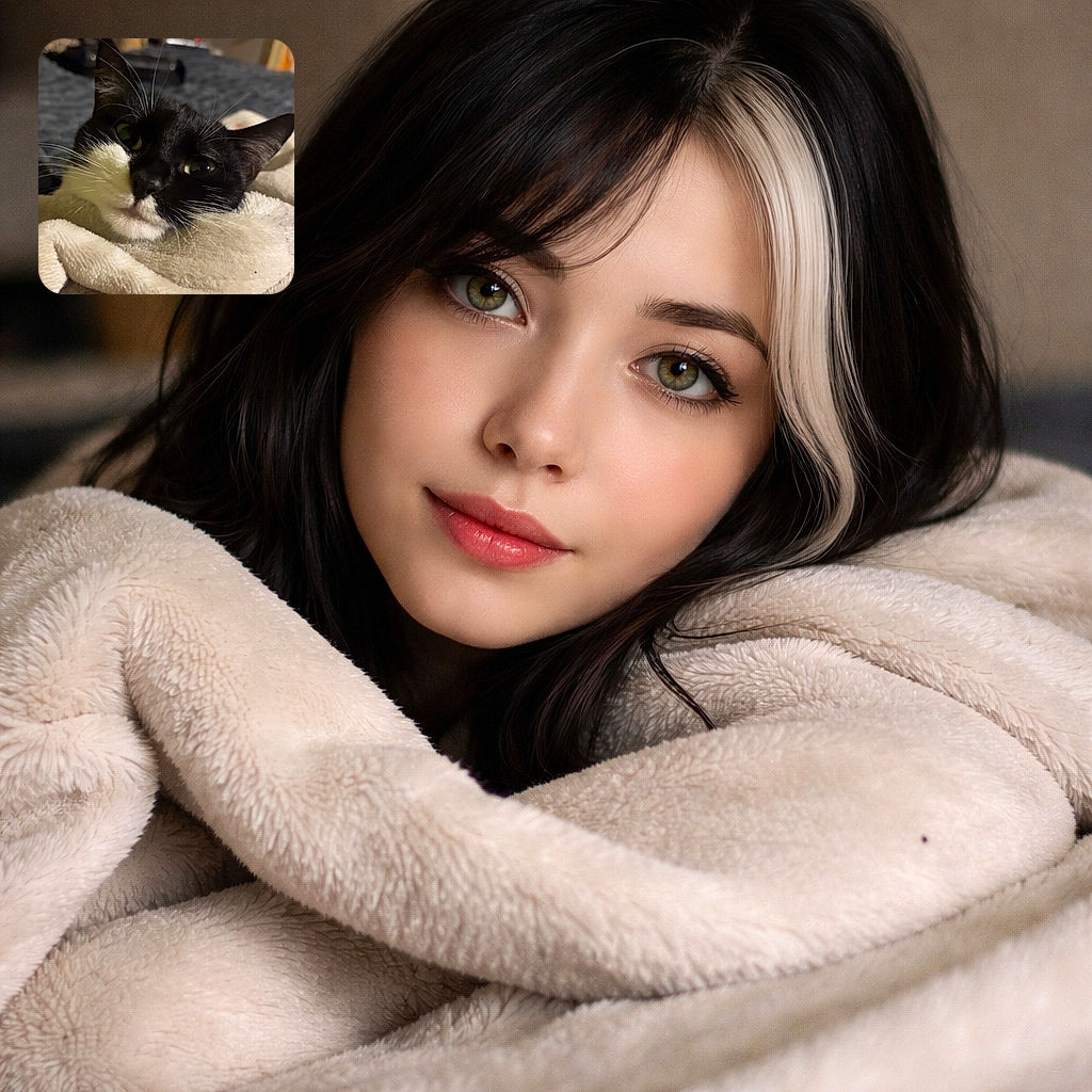 A cozy tuxedo cat wrapped snugly in a soft blanket, looking relaxed and slightly curious with its whiskers and ears sharply in focus against a softly blurred bedroom background.