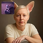 A small light-colored dog with large ears is lying on a carpeted floor, holding a gray plush toy with its paws, looking alert and curious in a softly lit indoor setting.