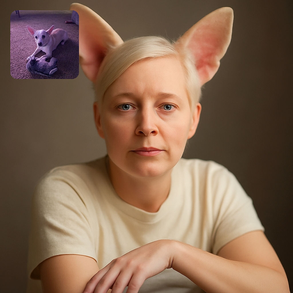 A small light-colored dog with large ears is lying on a carpeted floor, holding a gray plush toy with its paws, looking alert and curious in a softly lit indoor setting.