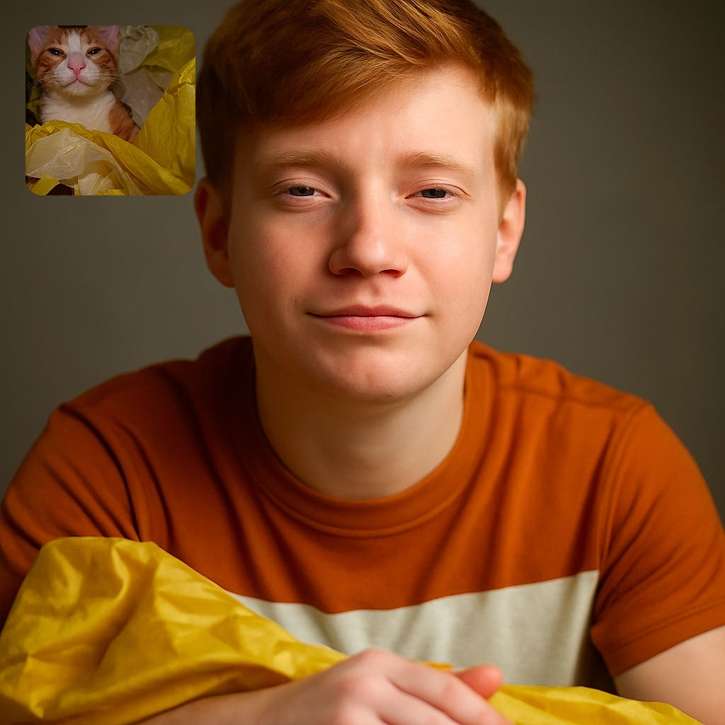A curious orange and white cat snugly nestled inside a cardboard box filled with crumpled yellow and beige tissue paper, giving off a vibe of cozy mischief and box-loving feline contentment.