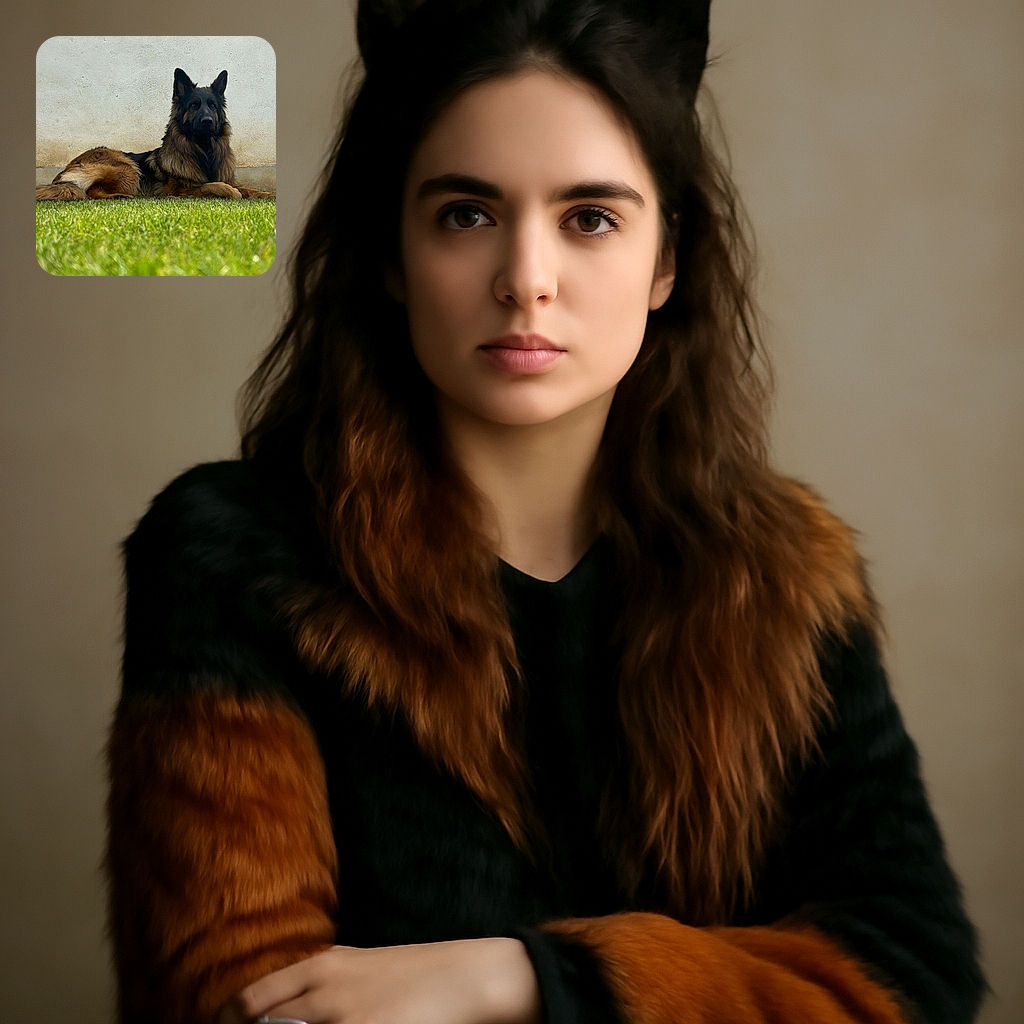 A majestic German Shepherd lies calmly on lush green grass, looking dignified against a plain, slightly weathered wall. The focus is crisp on the dog's expressive face and rich fur texture, while the foreground grass is softly blurred, creating a serene outdoor portrait.