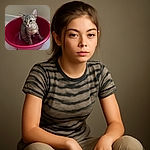 A curious tabby kitten sits snugly inside a bright red plastic basin on a tiled floor, looking intently at something off-camera with wide, innocent eyes and perky ears.