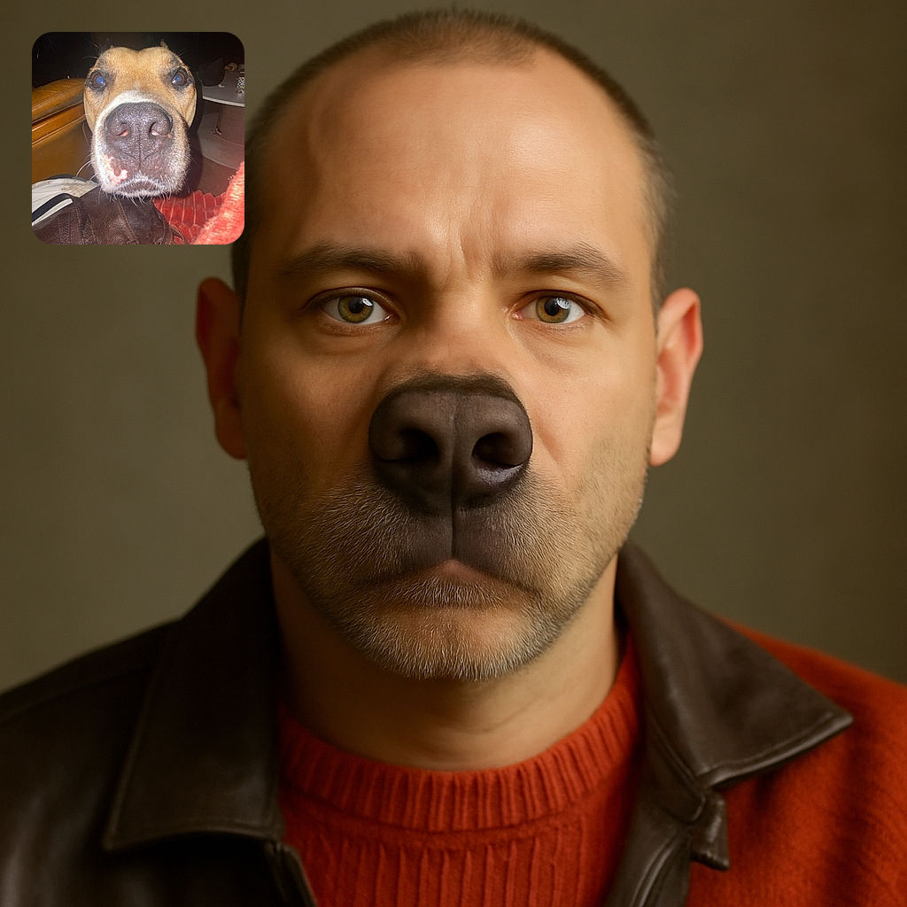 A close-up photo of a curious dog with a large nose taking center stage, surrounded by a cozy indoor setting with a leather bag and a red blanket visible. The dog's eyes reflect the camera flash, giving it a slightly startled yet adorable expression.