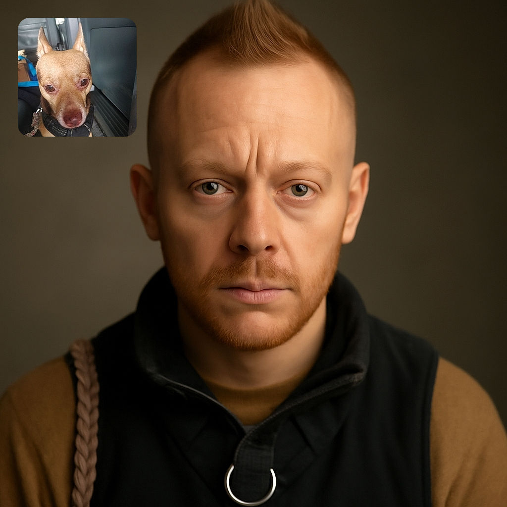 A close-up photo of a small brown dog with big ears and shiny eyes, wearing a black harness and leash, sitting inside a vehicle with a somewhat cluttered background of bags and car seats.