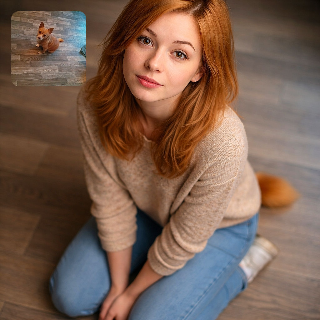 A small tan pup sits on a wooden floor giving an irresistible head-tilt, as if auditioning for Best Dramatic Look — ears up, eyes pleading, and tail saying 'treat?'