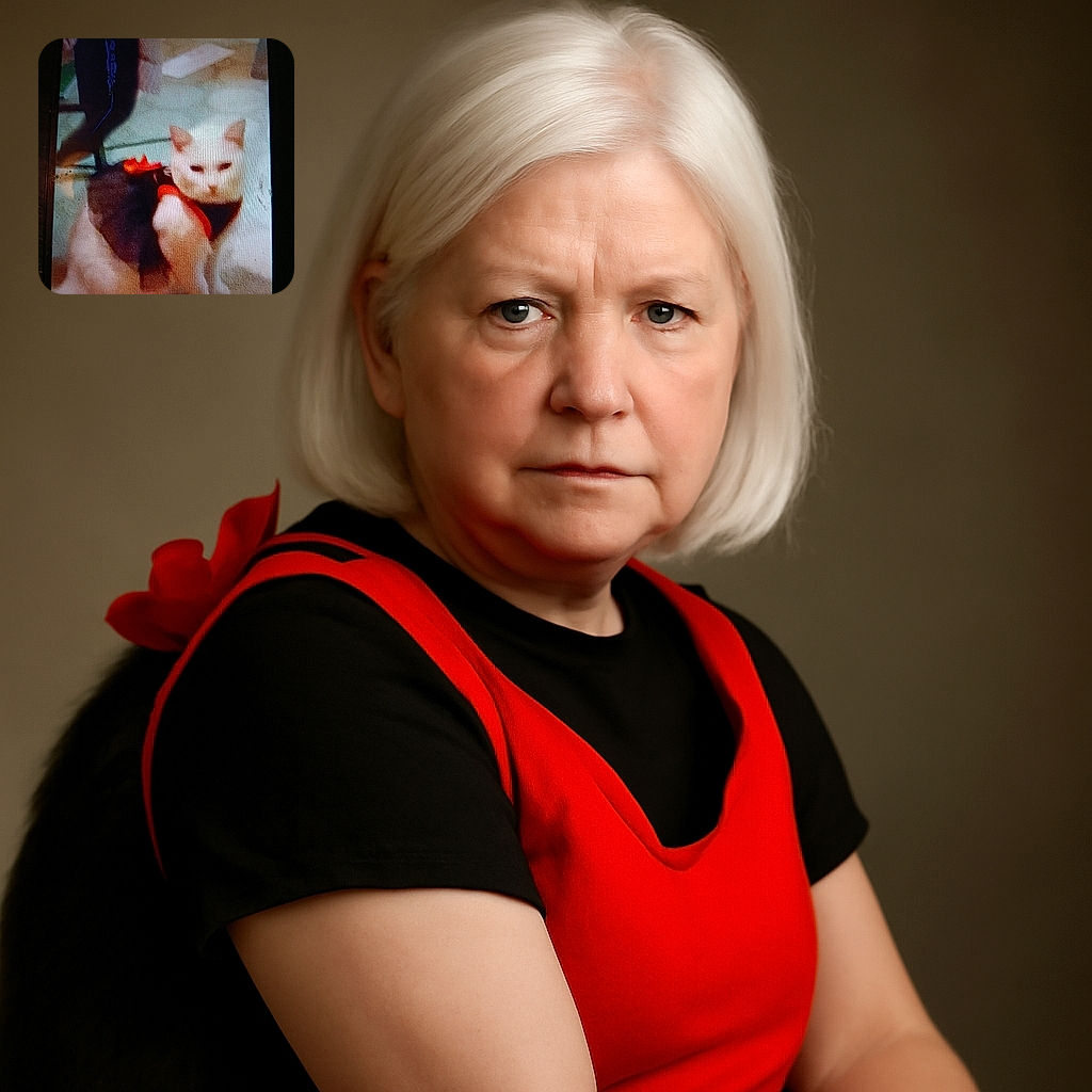 A slightly blurry and grainy photo of a white cat wearing a black and red outfit, sitting on a light-colored floor with some furniture in the background. The cat looks calm but the image quality reduces the overall appeal.