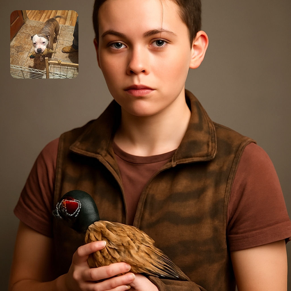A playful dog stands on a tiled floor holding a toy bird in its mouth, looking up with a wagging tail. A person's legs and boots are visible nearby, and a wooden gate is in the foreground, suggesting an indoor home setting.