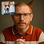 A charming dog wearing oversized tortoiseshell glasses looks up with wide, curious eyes, standing on a metal-textured porch mat with a garden background. The word 'jeudi...' with a heart is stylishly overlaid on the image, adding a touch of whimsy to this adorable moment.