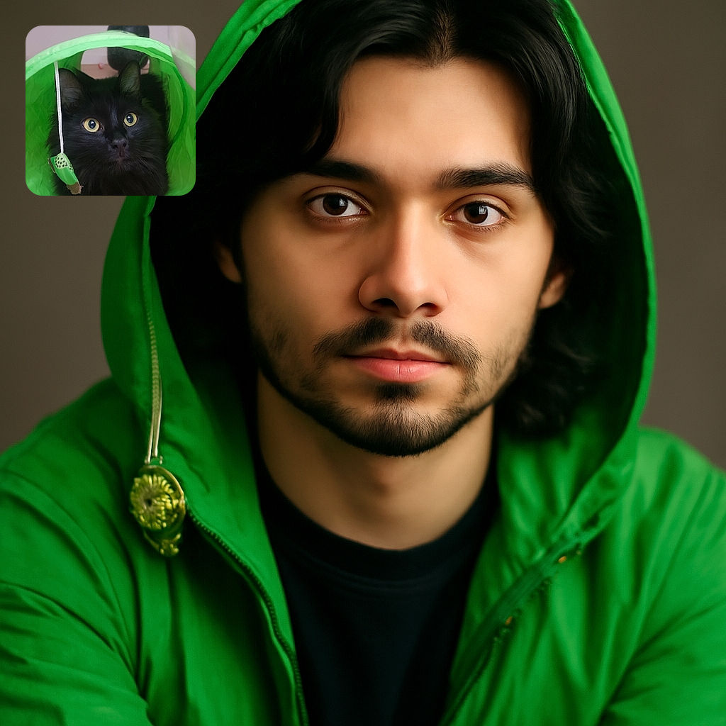 A fluffy black cat with striking yellow eyes peeks out from inside a bright green tunnel toy, looking curiously upwards. The cat's shiny fur contrasts sharply with the vibrant green fabric, creating a cozy and playful scene. A dangling toy hangs inside the tunnel, adding to the feline's amusement.