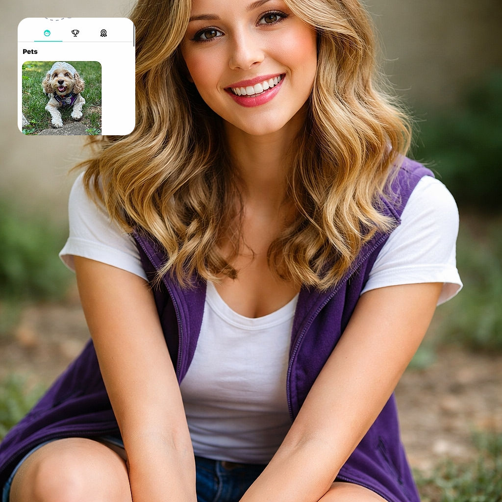 A cheerful small dog (Marble Left-Eye) lounges on the grass with its tongue out, wearing a purple harness and several ID tags — photobombing the app UI like a furry celebrity. The pet photo sits inside a rounded card on a mobile profile/contests screen, complete with a teal thumbs-up badge overlapping the corner and a stone path and greenery in the background.