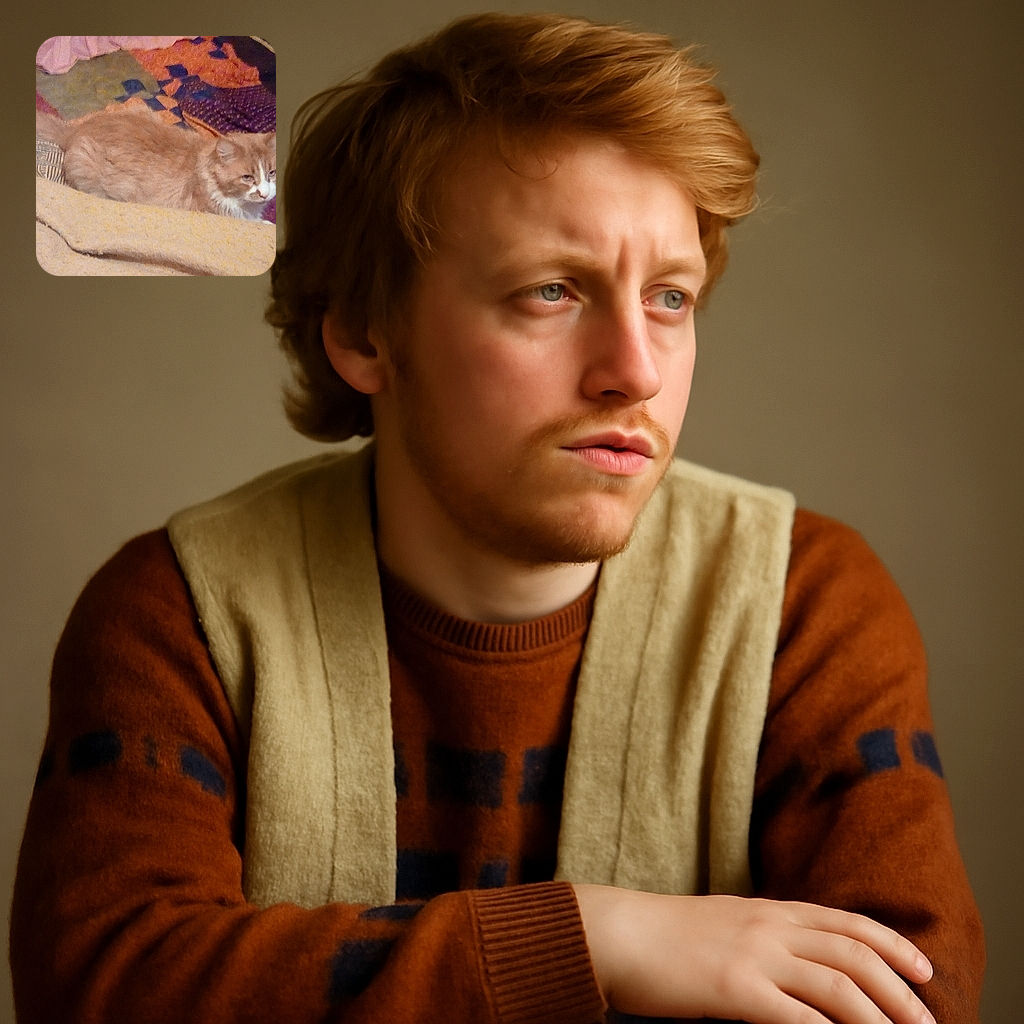 A slightly blurry photo of a ginger and white cat lounging on a colorful quilt with a beige blanket in the foreground, looking a bit sleepy or unimpressed.