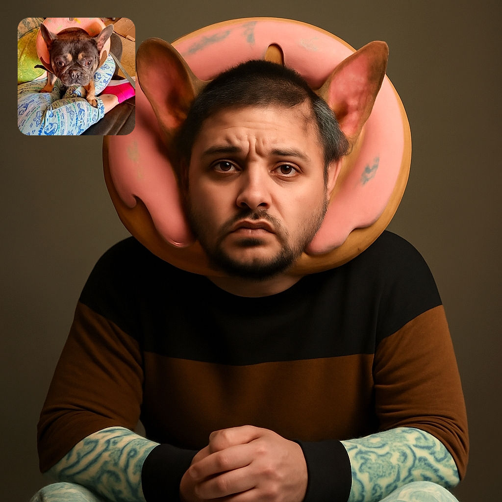 A curious French Bulldog wearing a pink donut-shaped collar stands on a person's lap clad in playful fish-patterned pajamas and bright pink socks, set in a cozy, slightly cluttered indoor space.