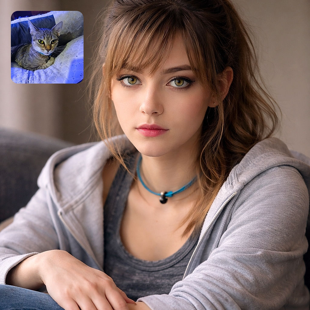 An unimpressed tabby cat lounging in its bed under moody blue light, staring back with golden eyes like tiny alarm clocks — clearly judging your life choices (and dinner schedule).