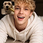 A fluffy cream-colored dog with big, expressive eyes is chewing on a yellow bone-shaped toy, looking adorably guilty and playful on a carpeted floor with a dark background.
