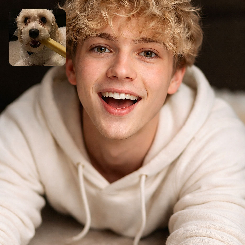 A fluffy cream-colored dog with big, expressive eyes is chewing on a yellow bone-shaped toy, looking adorably guilty and playful on a carpeted floor with a dark background.