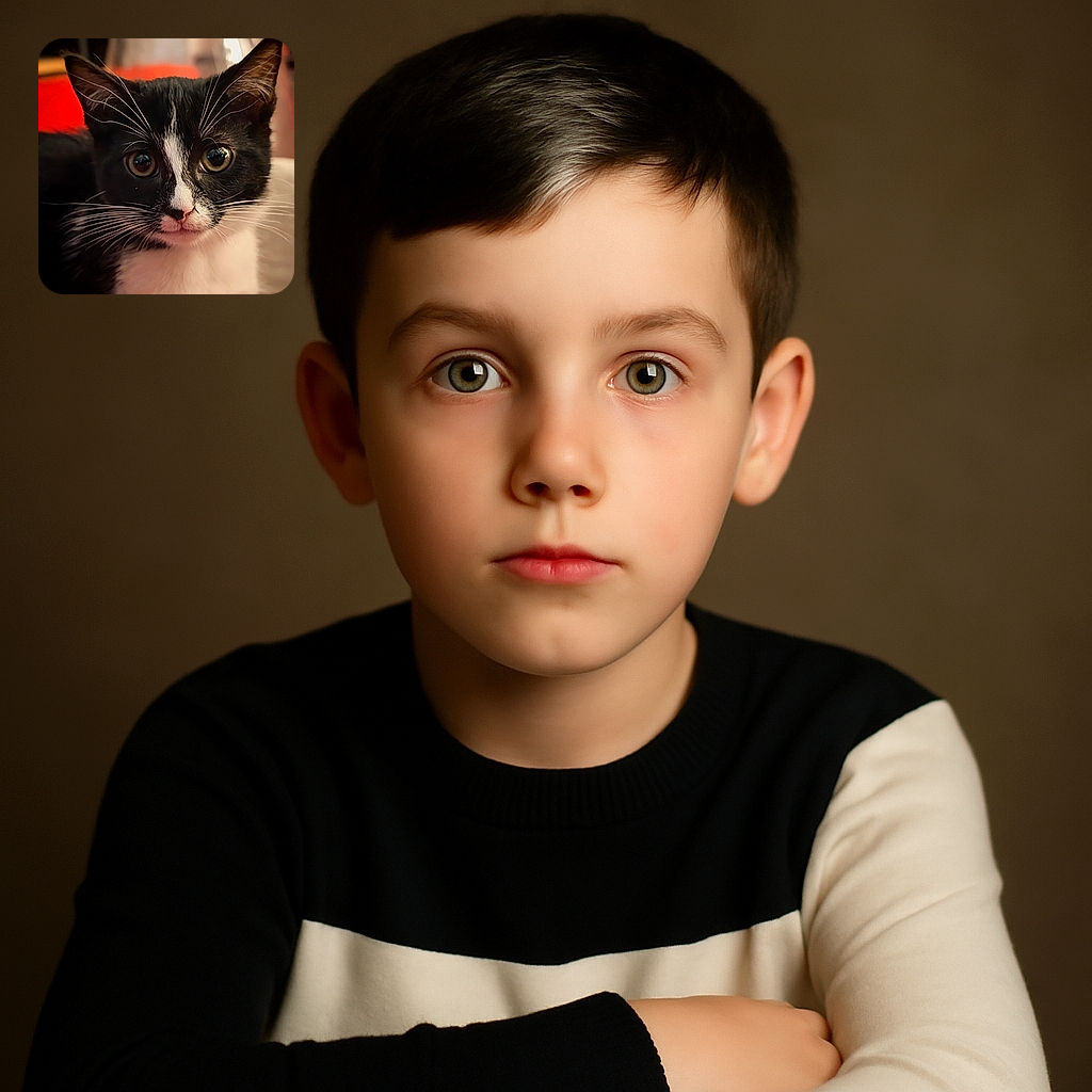 A close-up of a black and white tuxedo kitten with big, curious eyes staring directly at the camera, surrounded by a soft, warm background with hints of orange and beige.