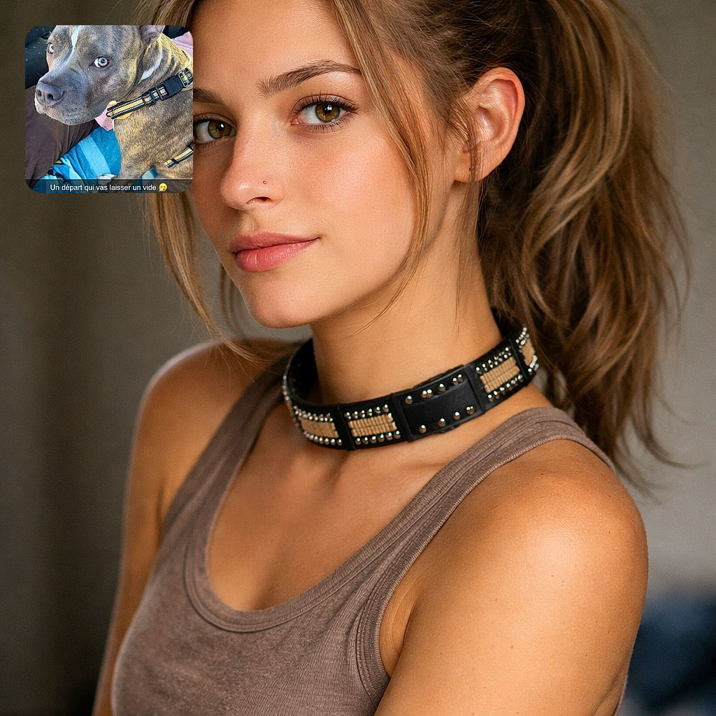 A soulful brindle dog hogs the front seat, giving a dramatic, 'don't leave me' look — one ear perked, eyes pleading, wearing a striped harness while lounging on a cartoon blanket inside a car. The large Snapchat-style caption across the bottom seals the tragicomedy: a pup-ready-for-a-soap-opera moment as sunlight softens the fur and the steering-area makes a casual background cameo.