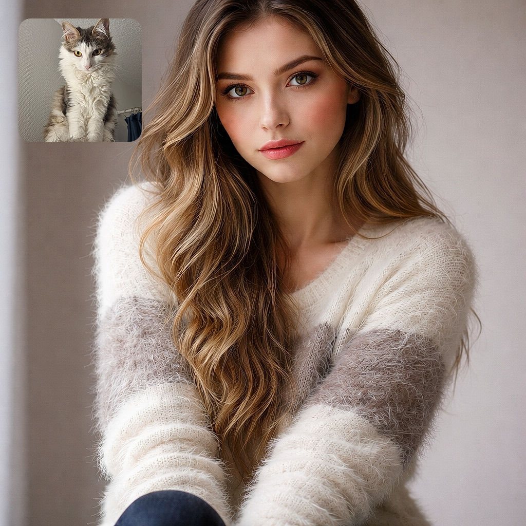 A regal, fluffy cat perched like it owns the high ground — intense yellow eyes staring down with the confidence of a tiny, purring overlord. The textured ceiling and curtain backdrop make it look like feline royalty posing for its portrait.