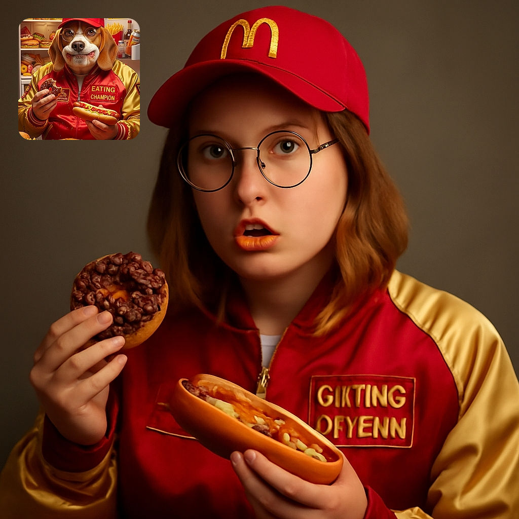 A charming beagle dog, anthropomorphized with human hands, wearing a red and gold 'Eating Champion' jacket and a McDonald's cap, sits surrounded by an epic feast of fast food including burgers, fries, hot dogs, pizza, and donuts, with a well-stocked fridge in the background and a humorous warning sign on the fridge door.