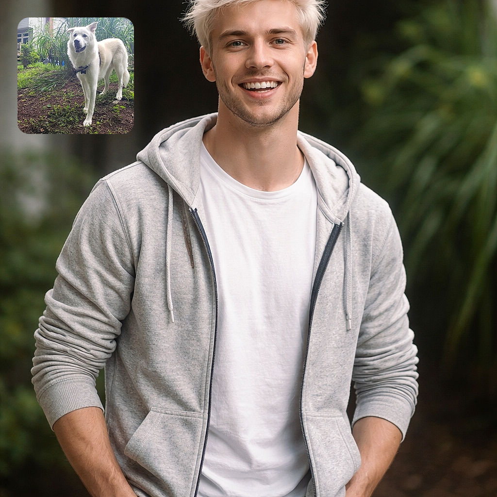 A majestic fluffy white dog striking a backyard runway pose — harness and tag visible, tongue mid-grin, with tall grasses and a decked house framing its nobility. It looks ready to patrol the mulch or accept treats on demand.