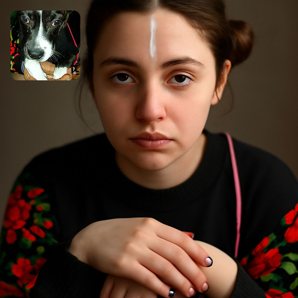 A close-up photo of an adorable dog being held by a person with painted nails. The dog has soulful eyes and a white stripe down its face, looking loyal and calm. The word 'Loyalty' is boldly overlaid in the bottom left corner, adding an emotional touch to the image.