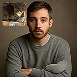 A cozy gray and white cat snugly nestled in a slightly worn cardboard box, surrounded by soft socks, with curious eyes gazing off camera, creating a warm and homely scene.