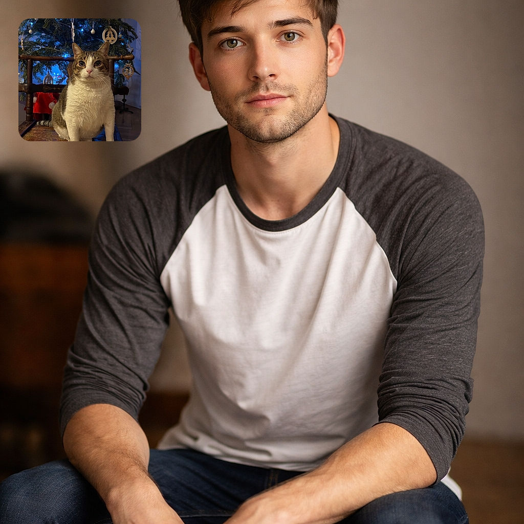 A dignified tabby cat poses like the appointed guardian of the Christmas tree, staring into the camera with whiskers on point while blue lights and ornaments provide a festive halo.