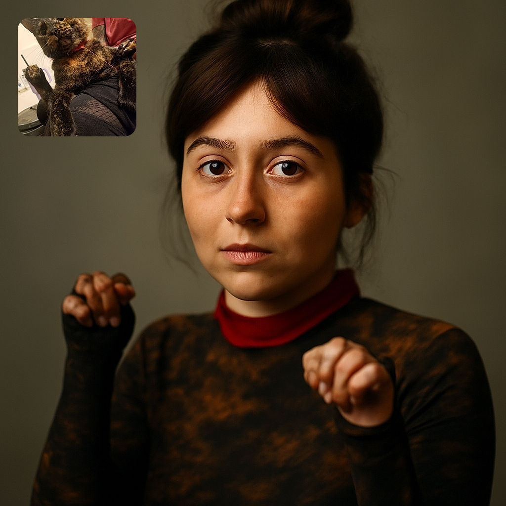A curious tortoiseshell cat is lounging upside down on someone's lap, with wide eyes and paws playfully extended, while the person wearing a pink shirt and black pants provides a cozy perch.