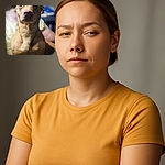 A close-up photo of a brown dog with a slightly squinting expression, sitting in front of a blurred background where a person wearing a yellow shirt is faintly visible. The lighting highlights the dog's fur texture and gives a warm, cozy vibe.