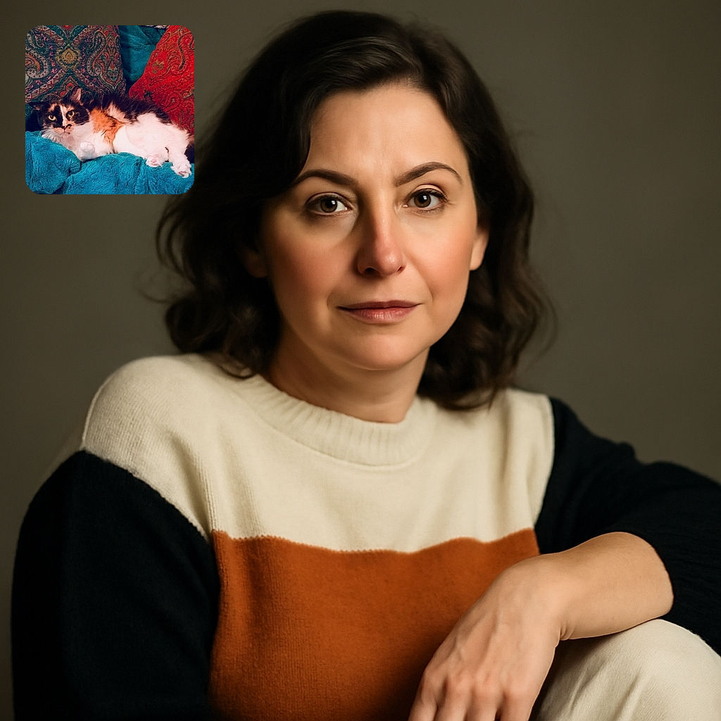 A fluffy calico cat lounges comfortably on a vibrant teal blanket, surrounded by richly patterned cushions in red and green hues, looking curiously at the camera with wide eyes.