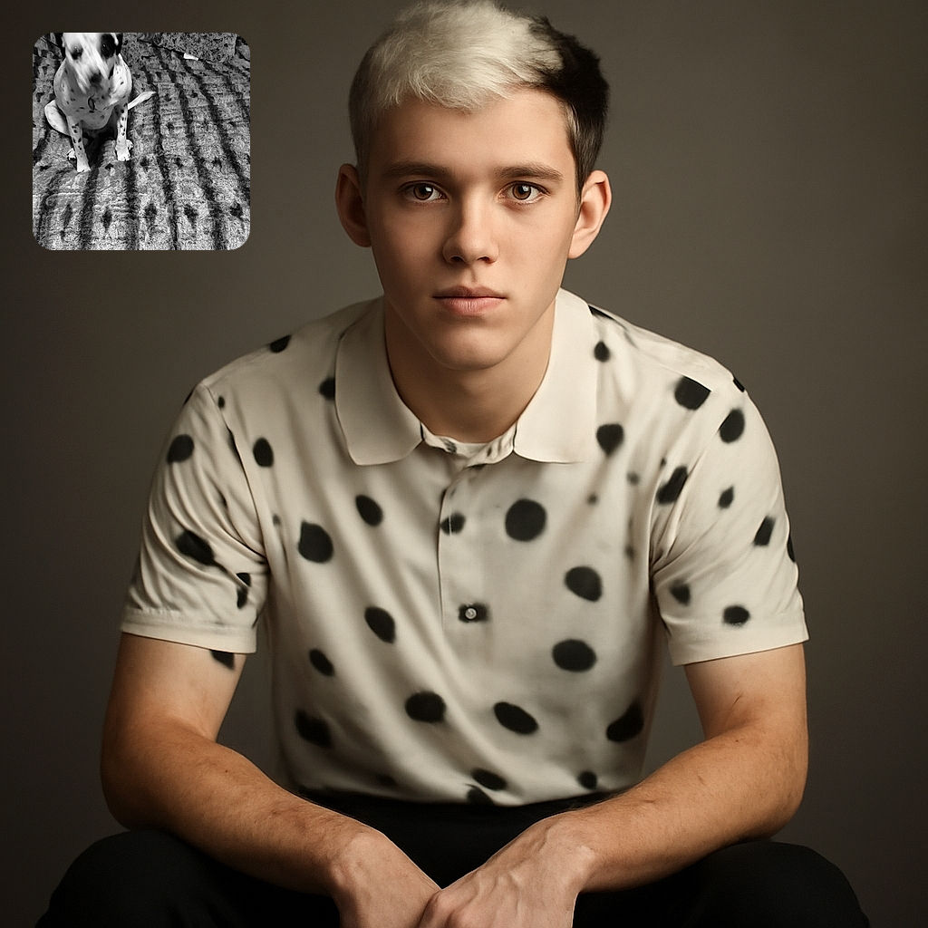 A blurry black and white photo of a spotted dog sitting on a textured blanket with patterned pillows in the background. The dog's face is out of focus, making it look like it's in motion or shaking its head.