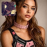 A serious-looking dog sporting a studded pink collar and a harness with reflective strips, sitting inside a vehicle with a focused gaze out the window, ready for an adventure or a drive.