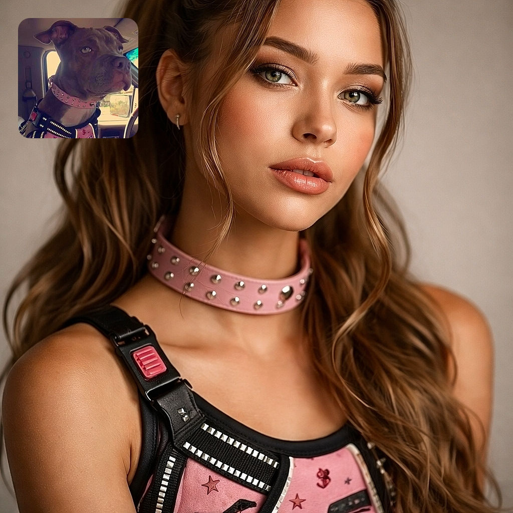 A serious-looking dog sporting a studded pink collar and a harness with reflective strips, sitting inside a vehicle with a focused gaze out the window, ready for an adventure or a drive.