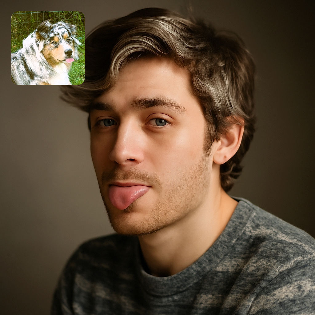 A fluffy Australian Shepherd dog with a beautiful merle coat sits in a grassy backyard, cheekily sticking out its tongue as if to say hello or share a secret.
