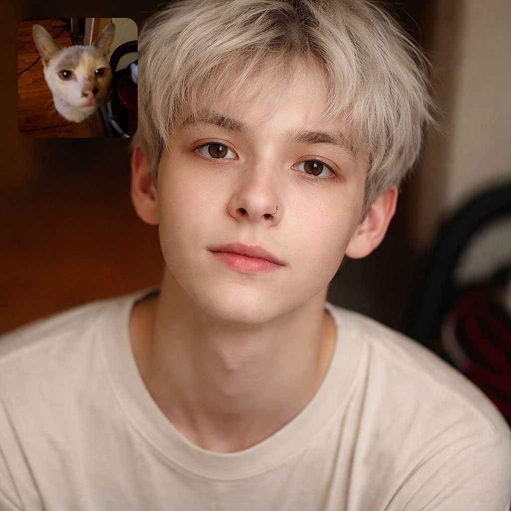 A hilariously close and very blurry floating cat head fills the frame, ears perked and eyes wide as if it accidentally bumped the camera while demanding snacks. The background shows a lived-in room with floorboards, cables and a doorway — the cat is the unmistakable (if out-of-focus) star.
