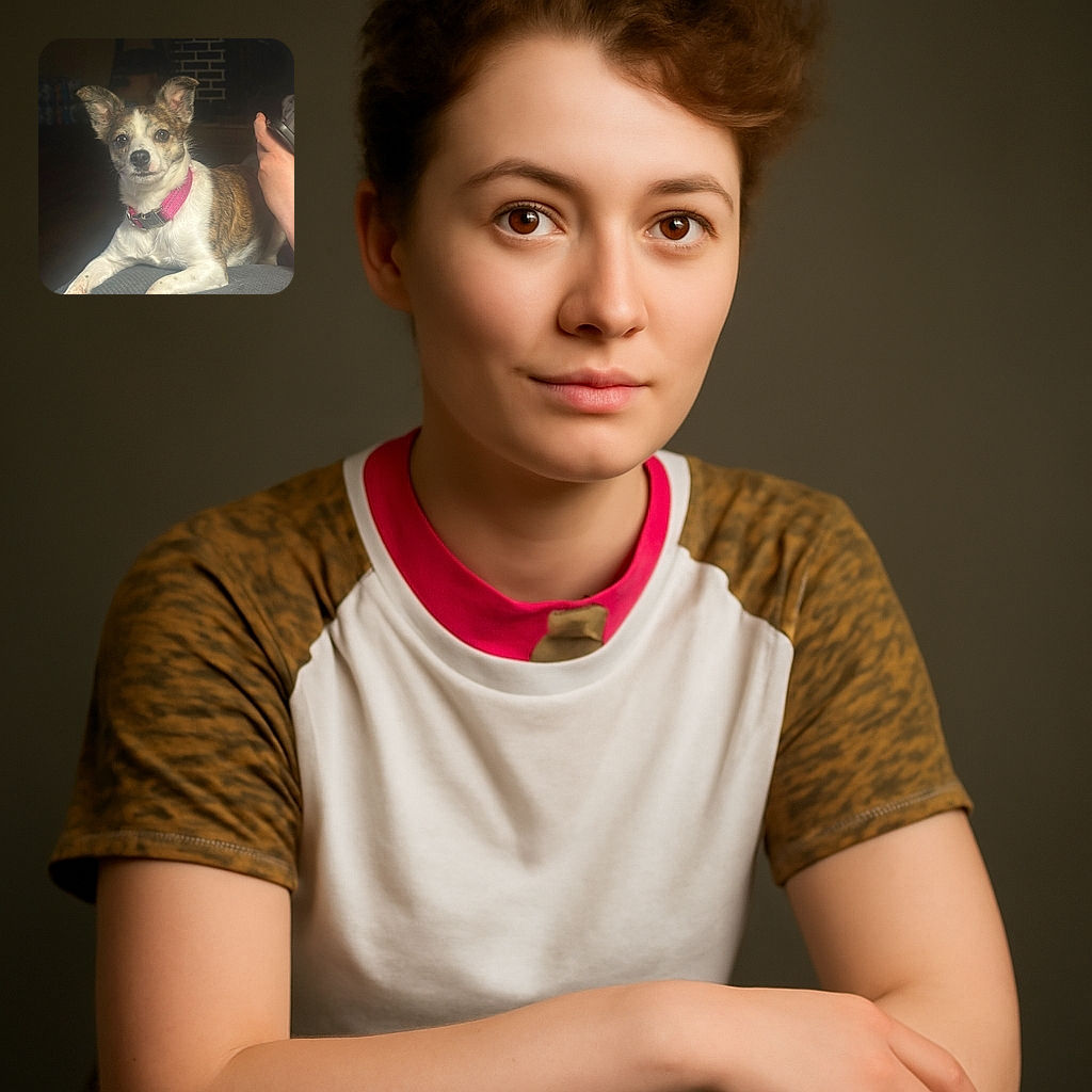 A small dog with a pink collar lounges comfortably on a textured surface, looking directly at the camera with curious eyes. The background is dimly lit with a brick wall and a hand holding a phone visible on the right side, adding a cozy indoor vibe.