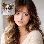 A close-up photo of a fluffy, white and brown dog with large, expressive ears and soulful eyes, standing against a textured stone background. The dog looks curious and attentive, with soft lighting highlighting its delicate fur.