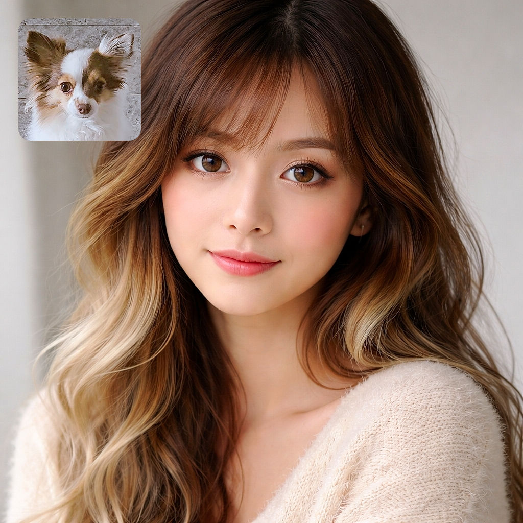 A close-up photo of a fluffy, white and brown dog with large, expressive ears and soulful eyes, standing against a textured stone background. The dog looks curious and attentive, with soft lighting highlighting its delicate fur.