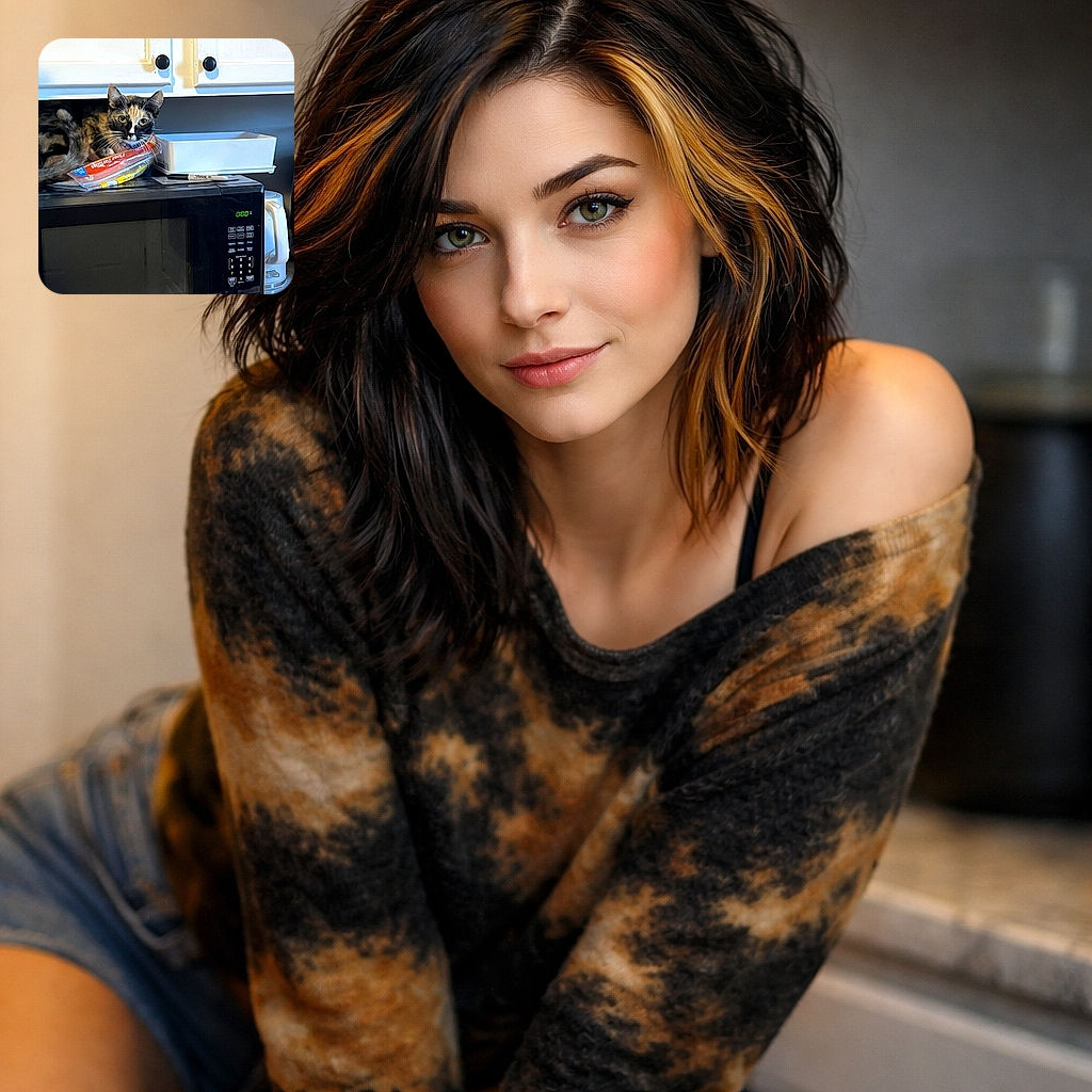 A curious calico cat is nestled on top of a microwave oven, partially hidden under a kitchen cabinet. The cat is surrounded by everyday kitchen items like a Sharpie marker, a white tray, and a coffee maker, looking intently at the camera with a mischievous glint.