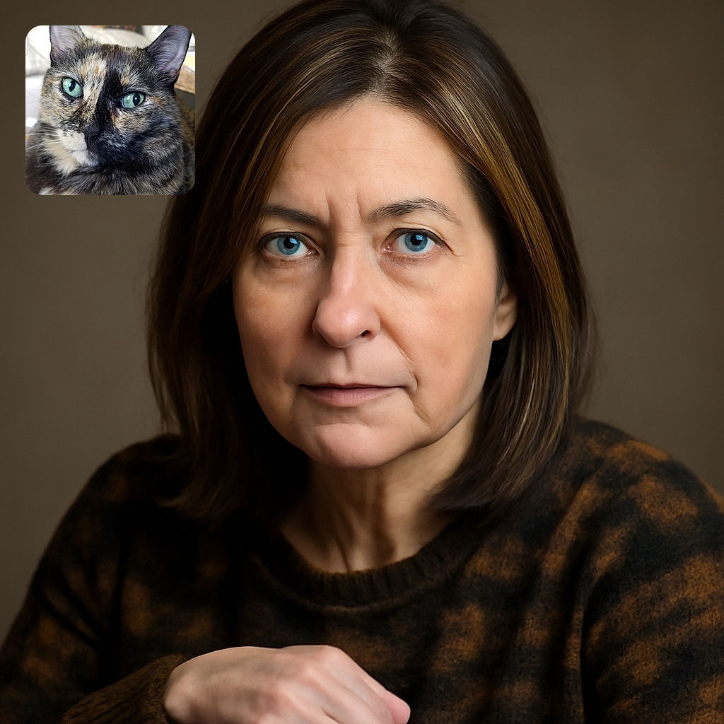 A close-up photo of a tortoiseshell cat with striking green eyes, looking directly at the camera with a calm expression. The background is softly blurred, showing a cozy indoor setting. The image is a phone lock screen with time, date, battery indicator, and app icons overlayed on the photo.