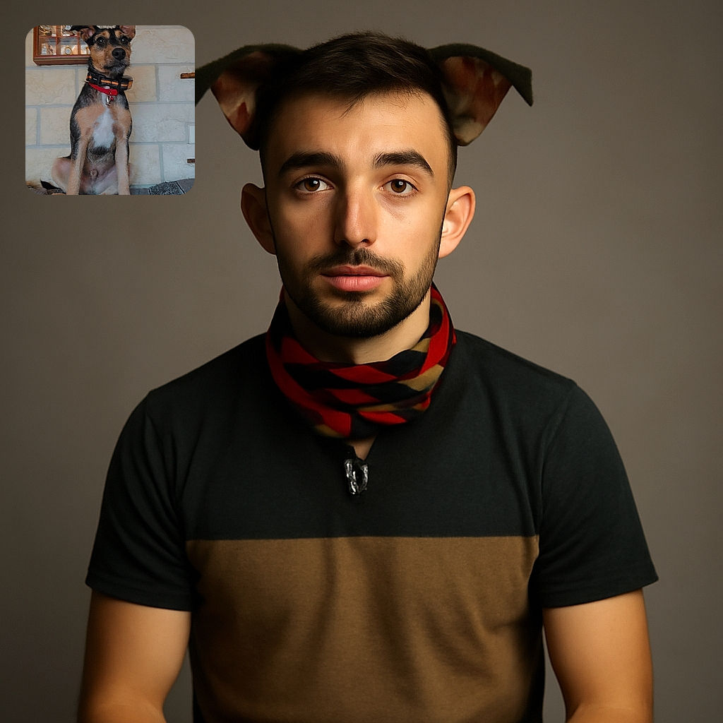 A curious dog with a red collar sits attentively on a textured gray blanket in front of a stone wall, with a display case of miniature clocks and motorcycles hanging behind it.