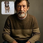 A charming dog sits patiently in the snow with a frosty beard made of clinging snowflakes, looking like a wise winter wizard ready to cast snowy spells.