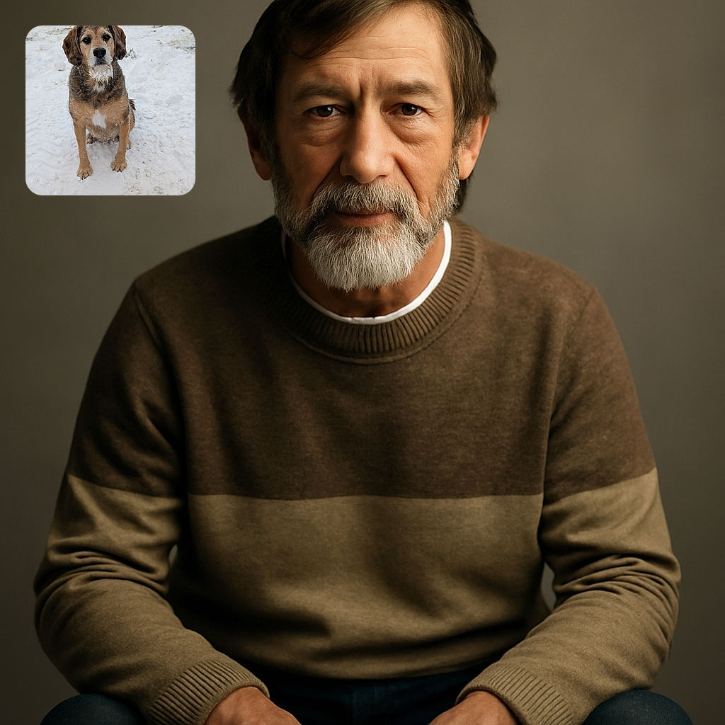 A charming dog sits patiently in the snow with a frosty beard made of clinging snowflakes, looking like a wise winter wizard ready to cast snowy spells.