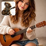 An adorable fluffy puppy sitting upright while holding a guitar, looking as if it's ready to perform a soulful tune. The background is plain white, making the cute dog and the guitar the focal points of this charming and whimsical image.