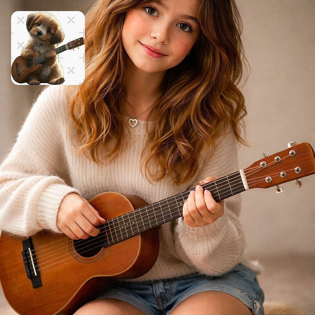 An adorable fluffy puppy sitting upright while holding a guitar, looking as if it's ready to perform a soulful tune. The background is plain white, making the cute dog and the guitar the focal points of this charming and whimsical image.