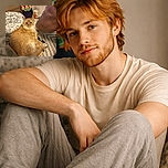 A fluffy orange cat lounges comfortably in a small bed, looking slightly unimpressed as a person's leg and foot in a white sock rest nearby. The background features a skateboard with a colorful wizard design and a bottle, giving a cozy indoor vibe.